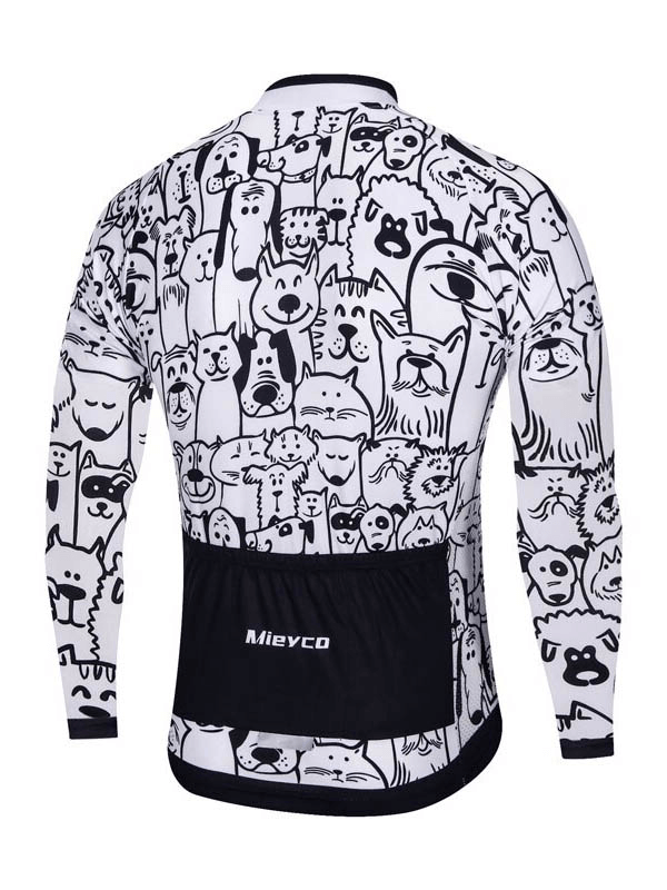 Men's white cat print cycling jersey with long sleeves, featuring full zipper and breathable polyester fabric for mountain biking.